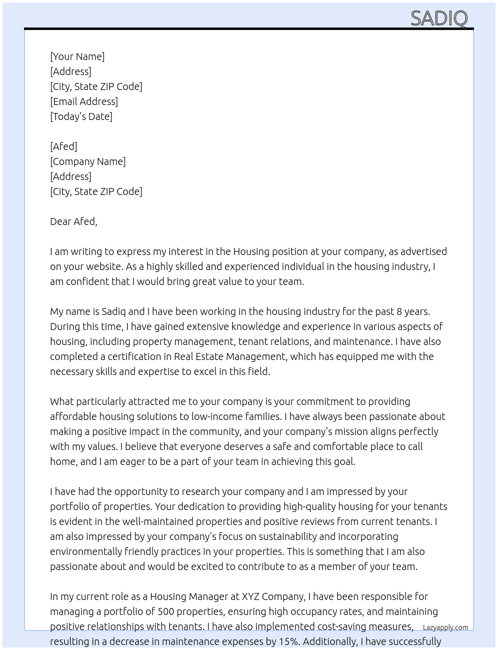 Cover letter for housing - LazyApply