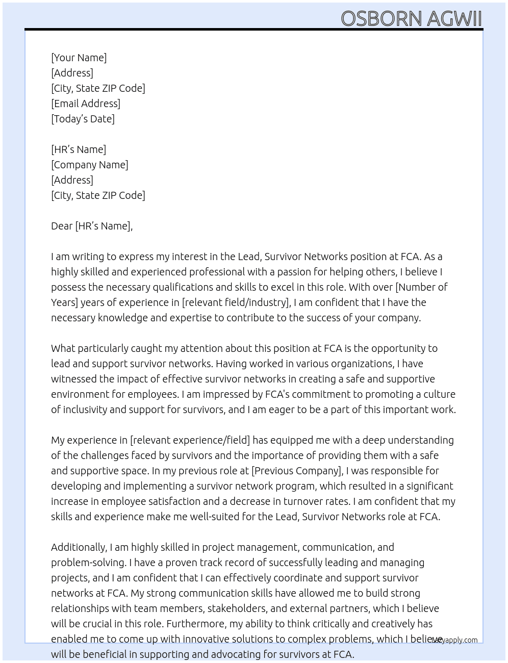 Lead, Survivor Networks At FCA Cover Letter