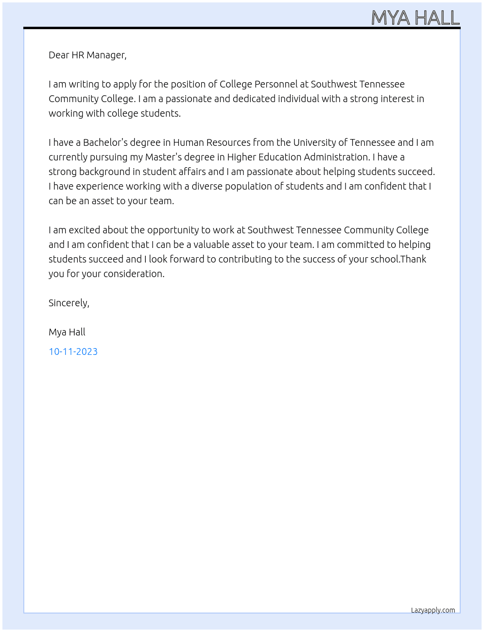 College Personnel  At Southwest Tennessee Community College  Cover Letter