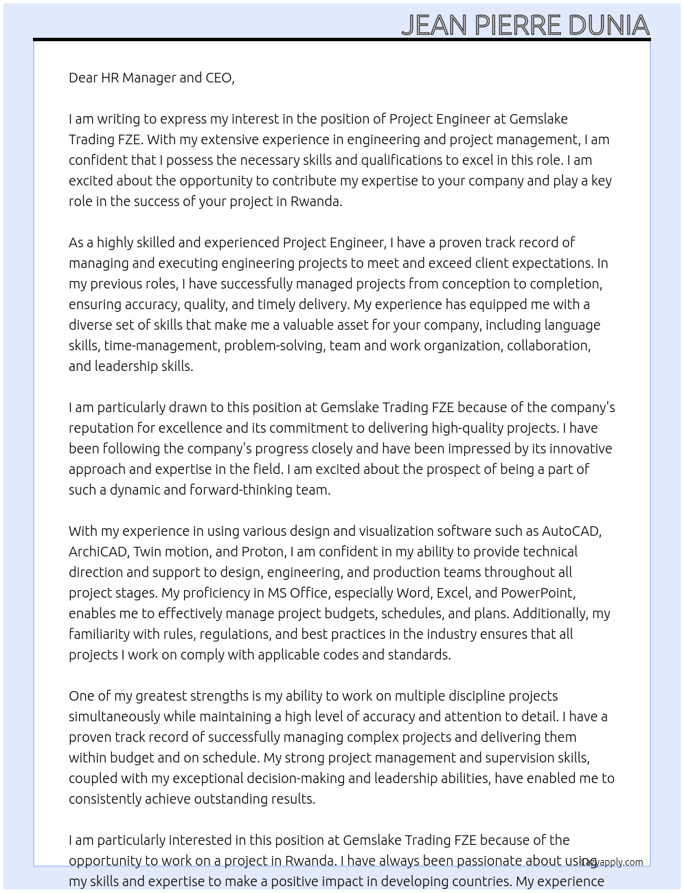Project Engineer At Gemslake Trading FZE Cover Letter