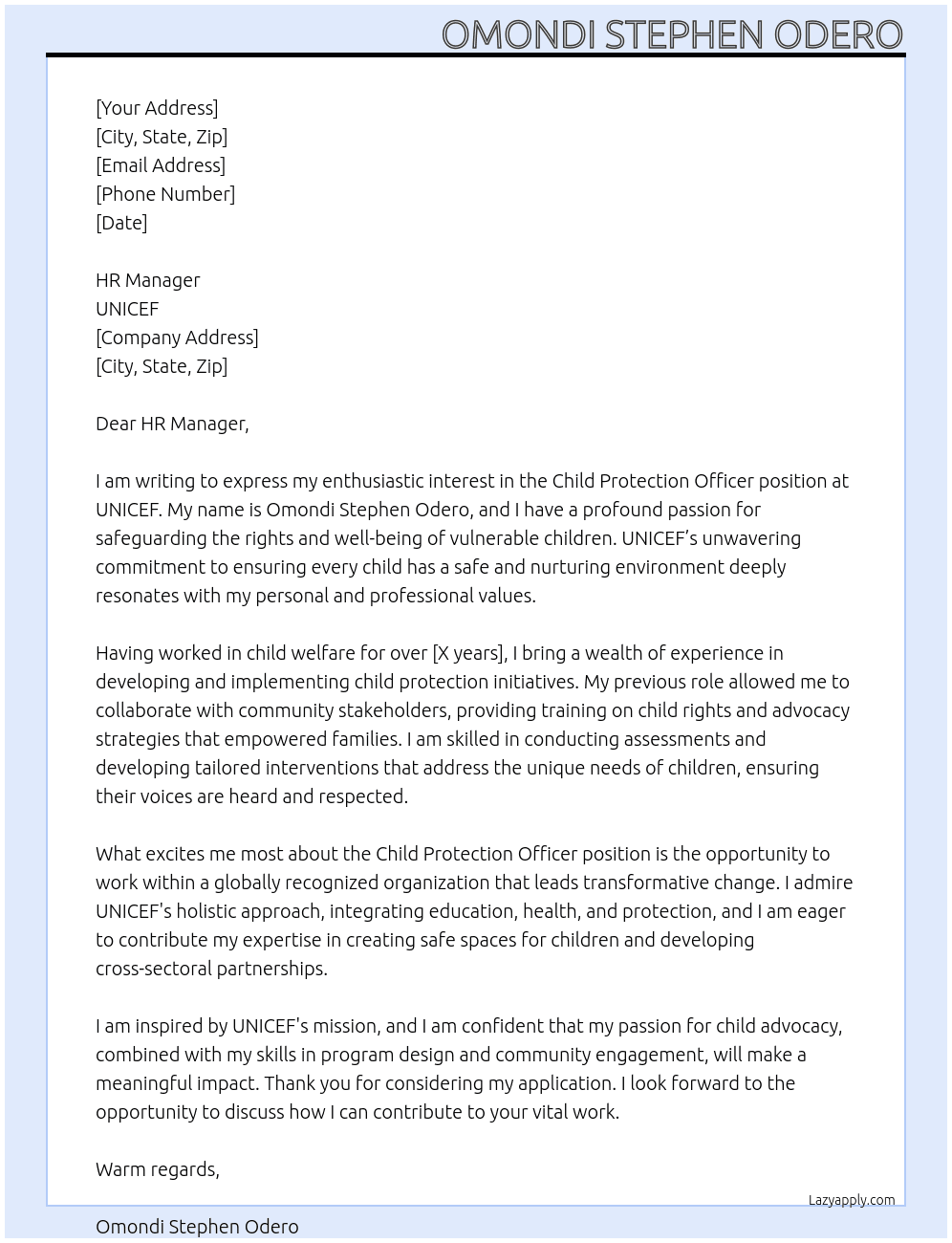 child protection officer At unicef Cover Letter