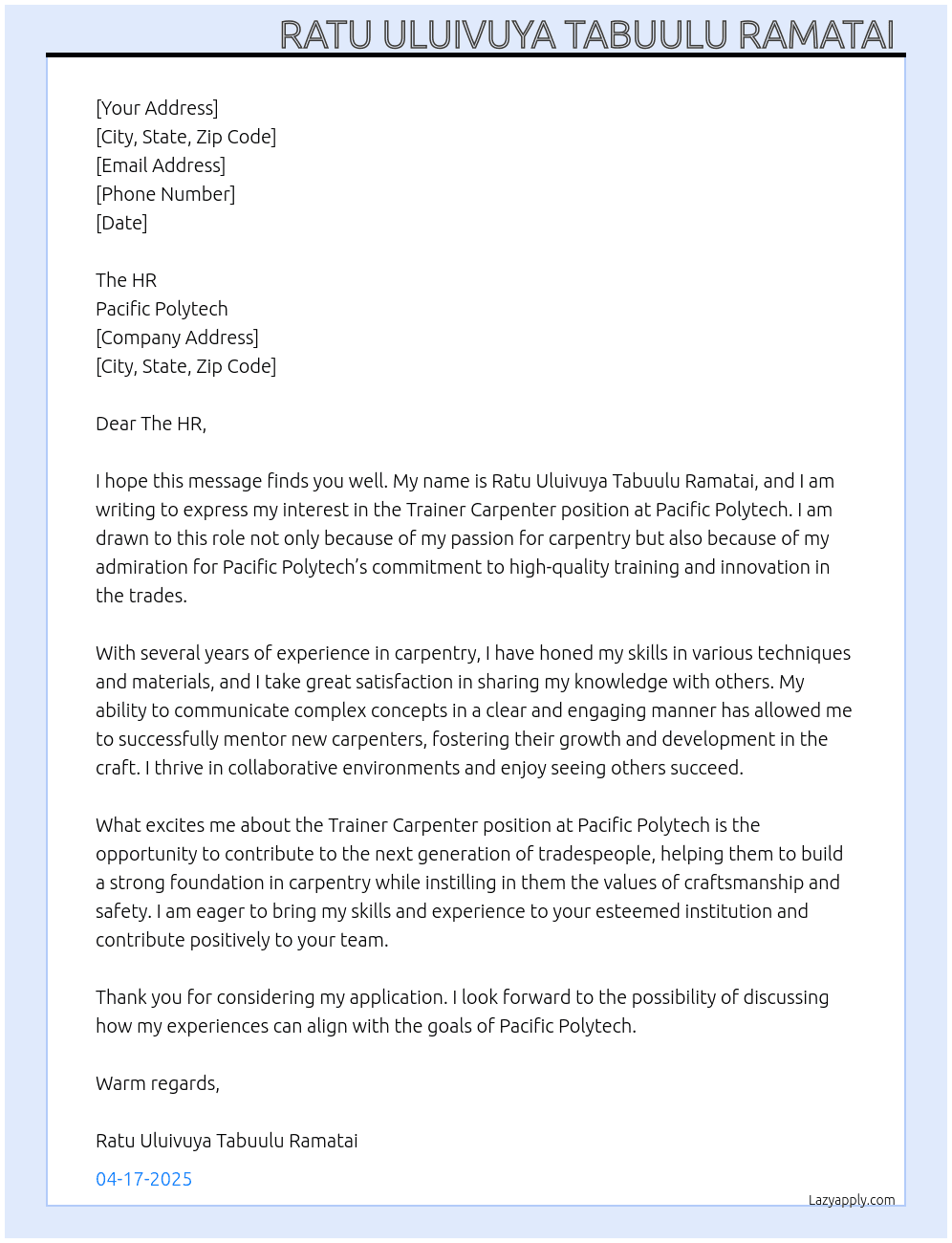 Cover letter for trainer carpenter - LazyApply
