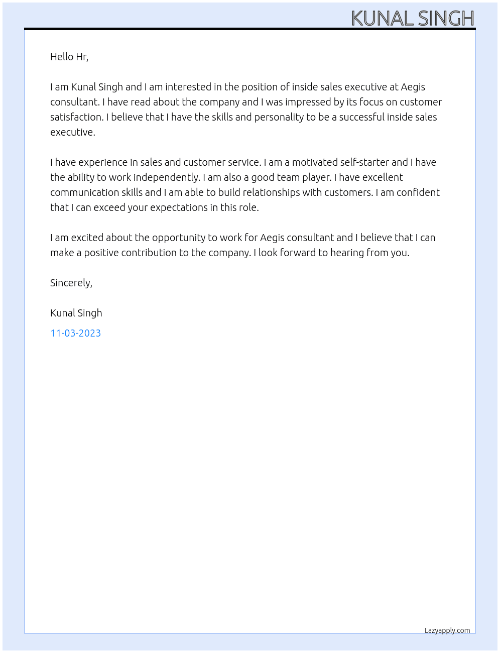 Inside sales executive  At Aegis consultant  Cover Letter
