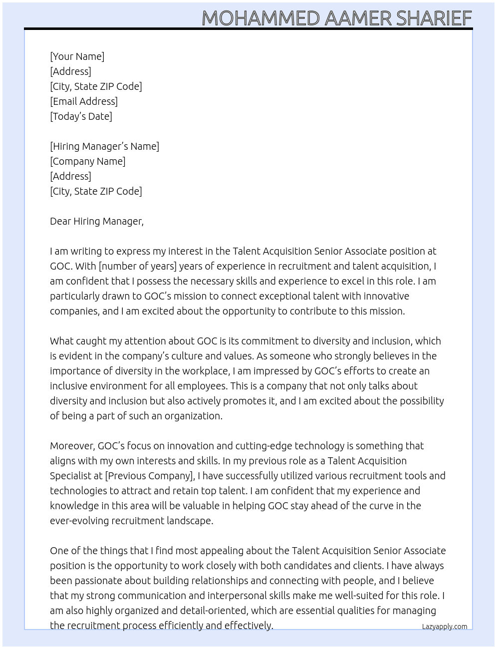 Talent Acquisition Senior Associate At GOC Cover Letter