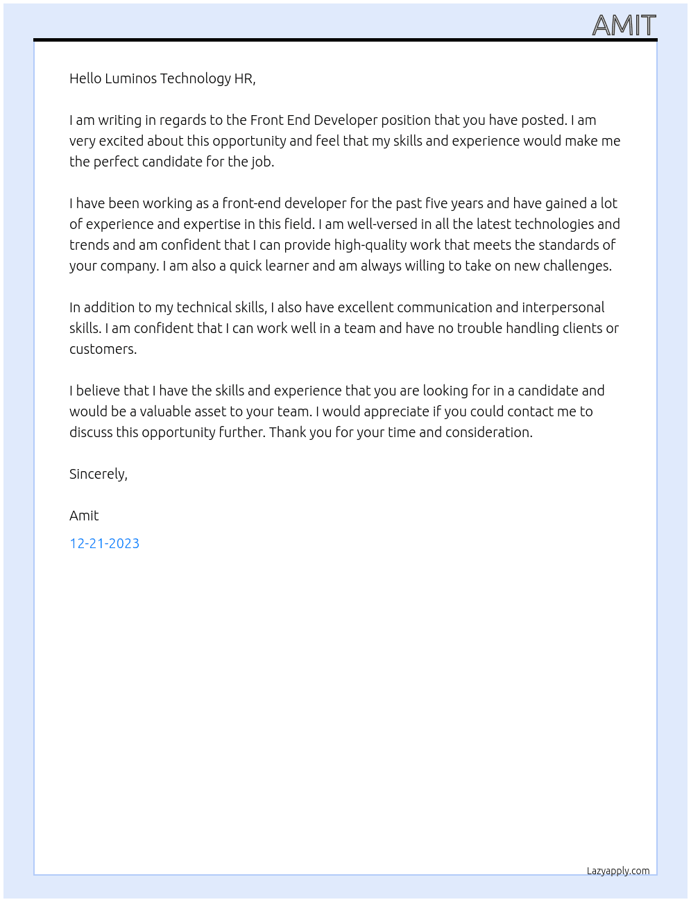 Front End Developer At Luminos Technology Cover Letter