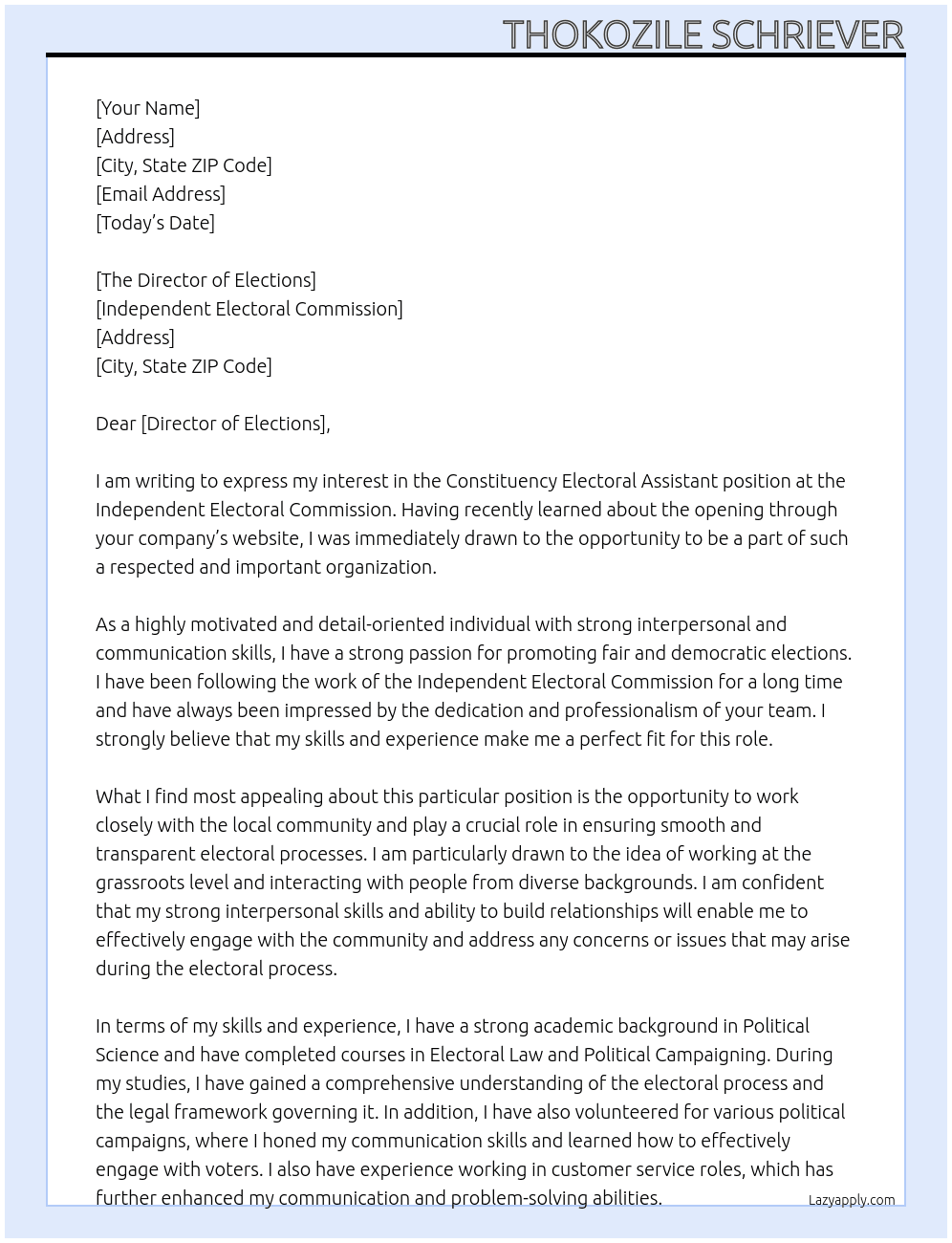 Constituency Electoral Assistant  At Independent Electoral Commission  Cover Letter