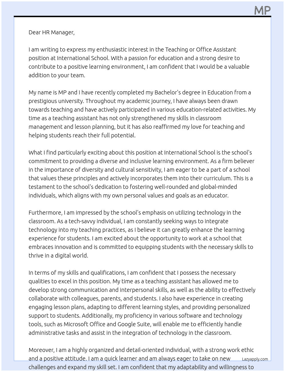 Teaching or office assistant position At International school Cover Letter
