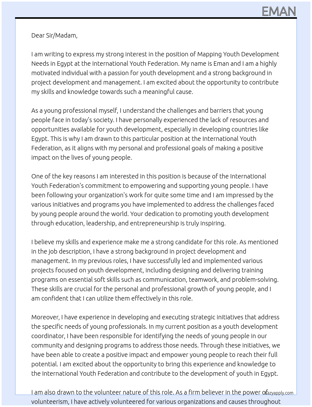 Mapping Youth Development Needs in Egypt At International Youth Federation Cover Letter