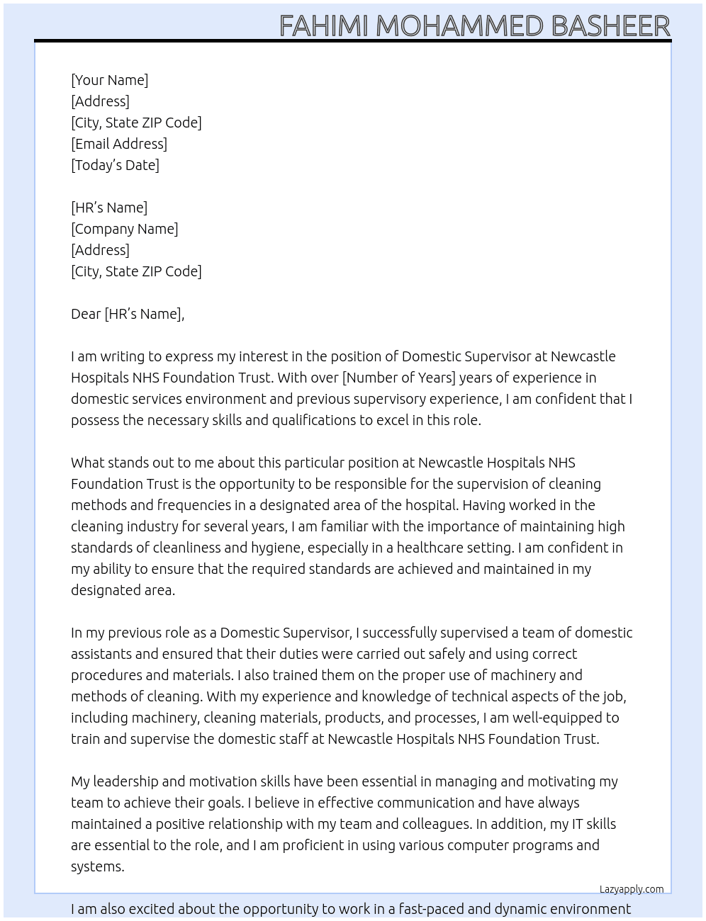 Domestic Supervisor At Newcastle Hospitals NHS Foundation Trust Cover Letter