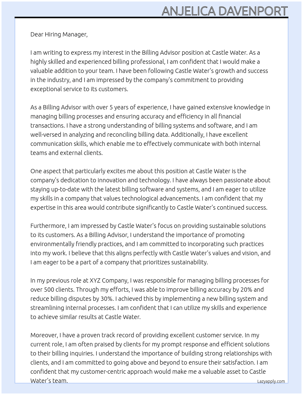 Billing Advisor At Castle Water Cover Letter