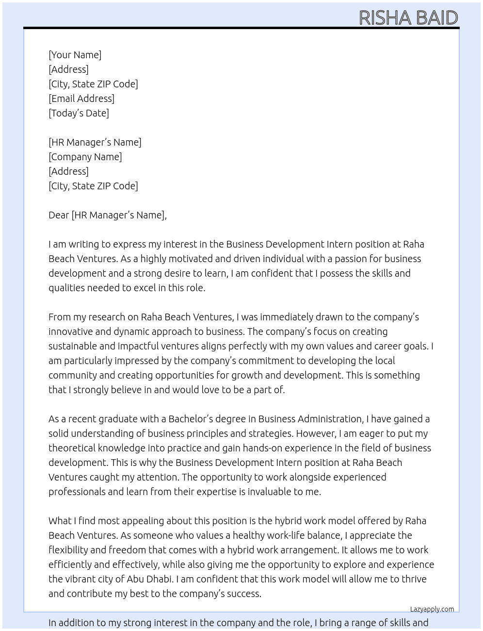Business Development Intern  At Raha Beach Ventures  Cover Letter