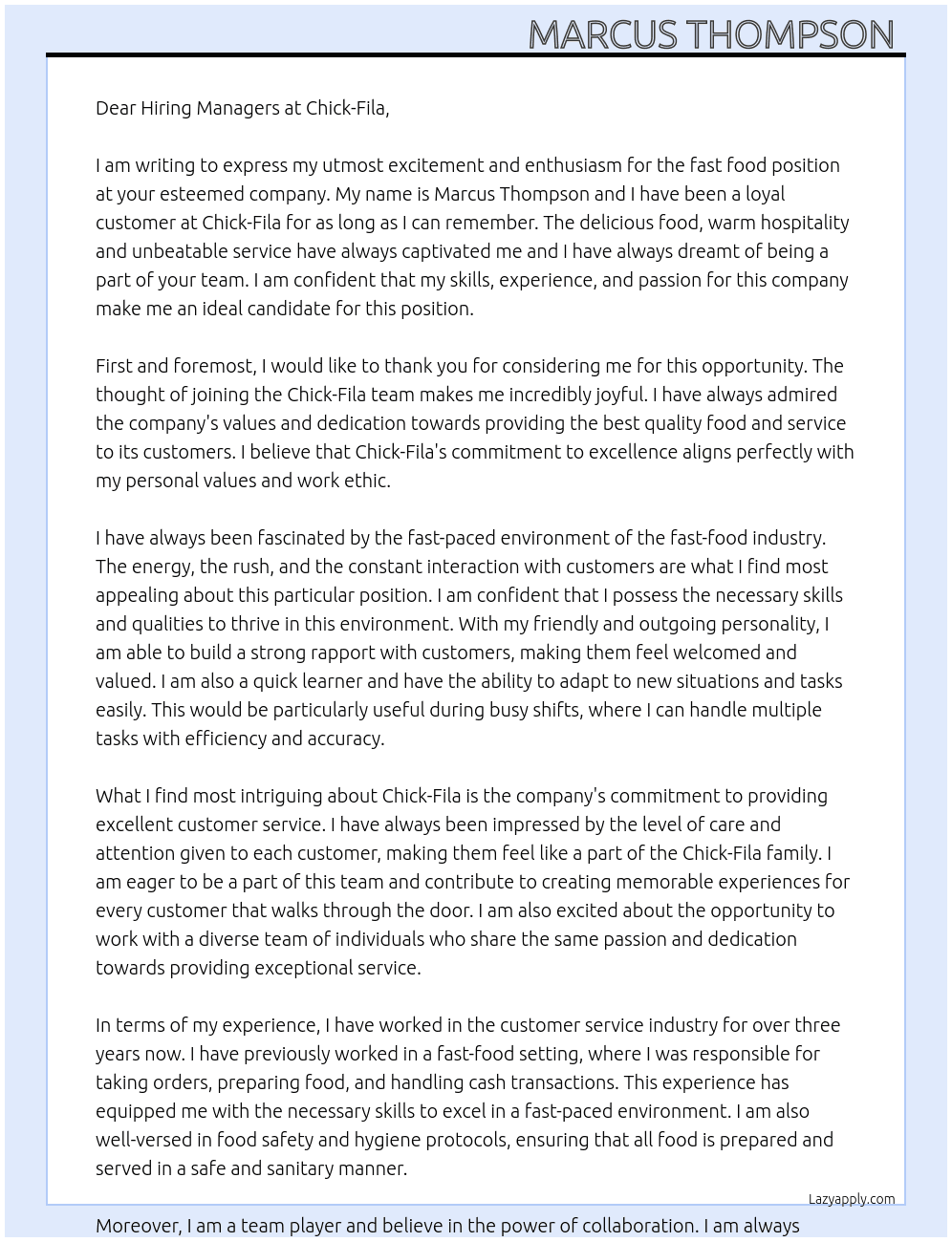 Fast food  At Chick-Fila Cover Letter