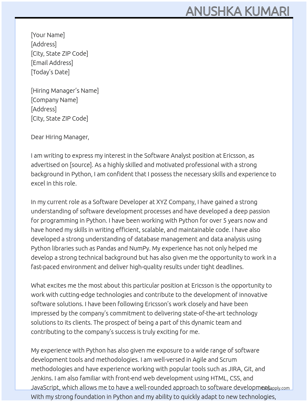 Software Analyst At Ericsson  Cover Letter