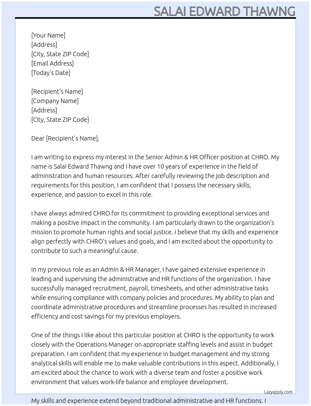 Senior Admin & HR Officer At chro Cover Letter