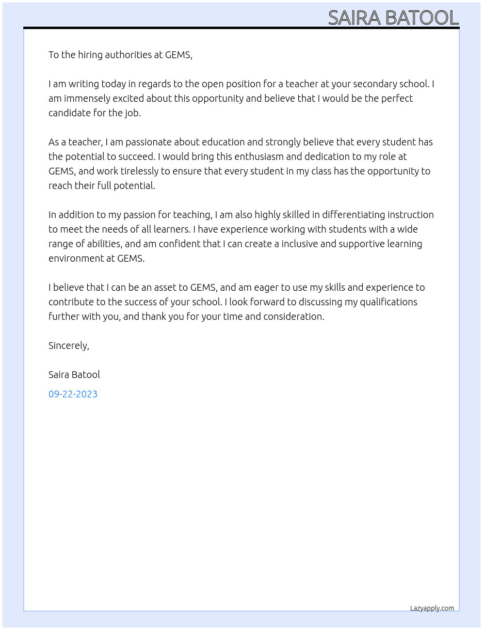 teacher for asecondary school At GEMS  Cover Letter