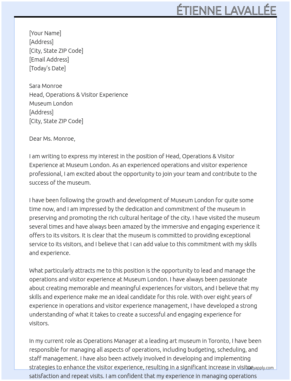 Head, Operations & Visitor Experience At Museum London Cover Letter