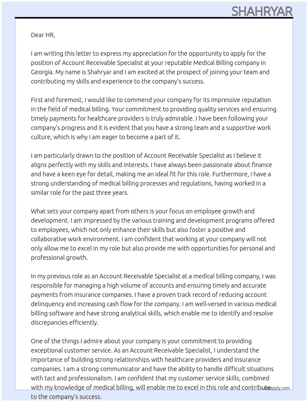 Account Receivable Specialist At Medical Billing company In Georgia  Cover Letter