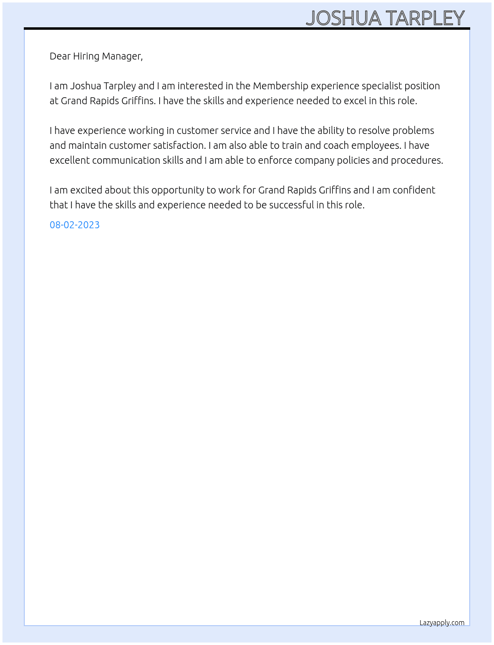 Membership experience specialist At Grand rapids Griffins Cover Letter