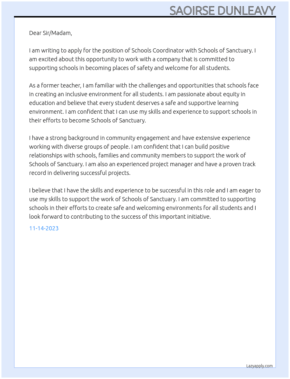Schools Coordinator At Schools of Sanctuary Cover Letter