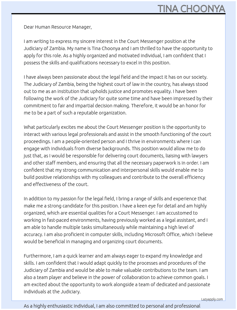 Court messenget At Judiciary of Zambia Cover Letter