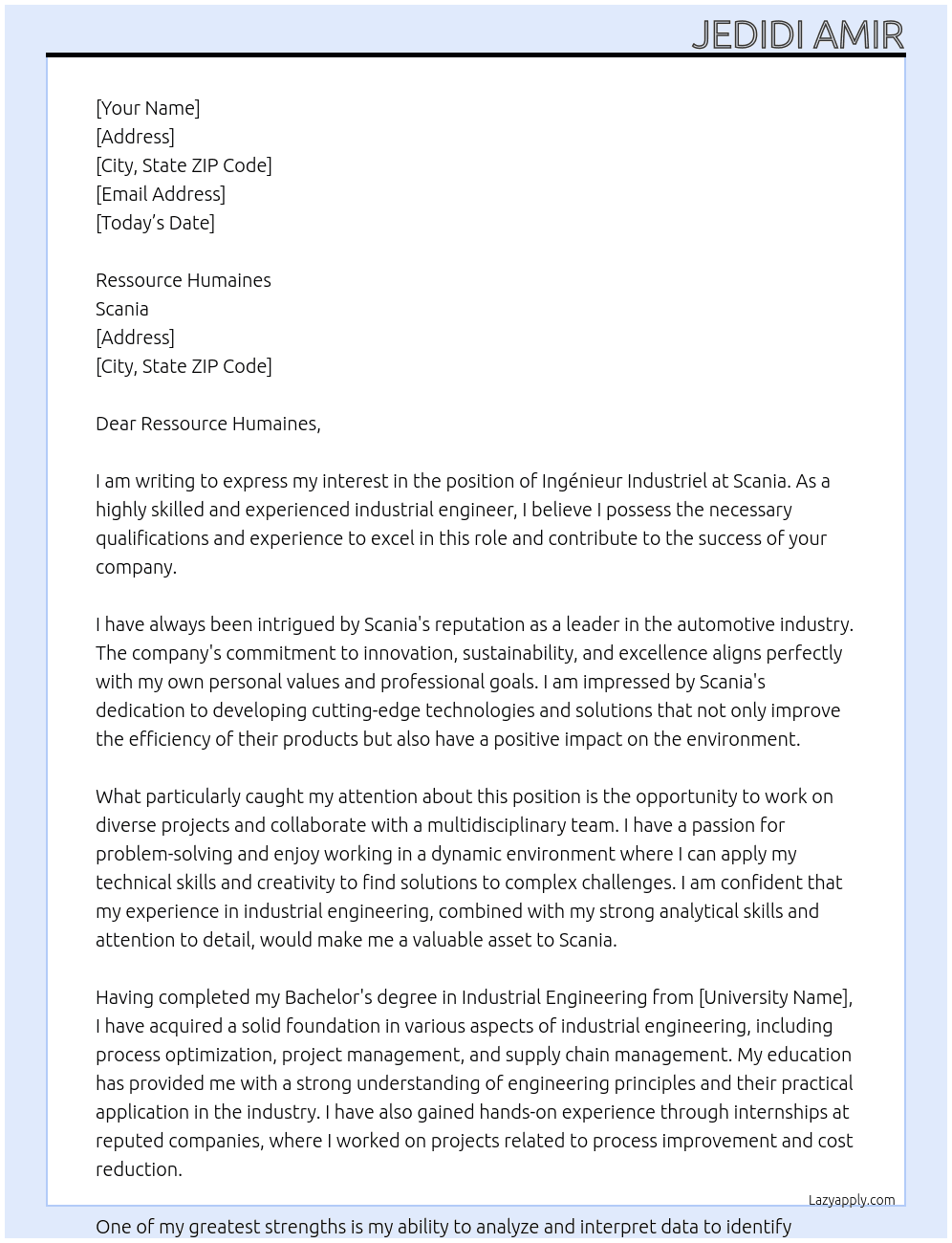 Ingénieur Industriel At Scania Cover Letter