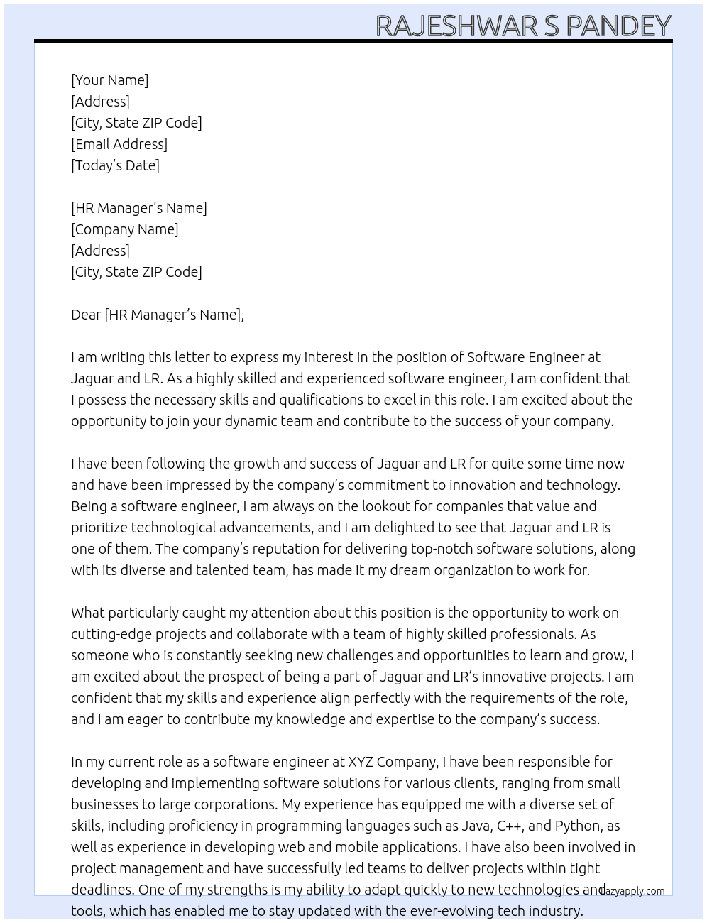 Software engineer  At Jaguar and lr Cover Letter