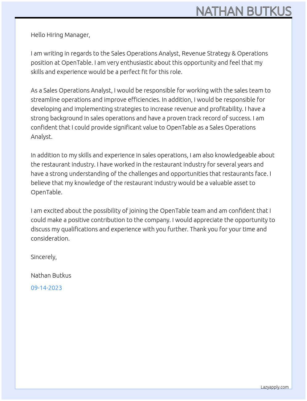 Sales Operations Analyst, Revenue Strategy & Operations At OpenTable Cover Letter