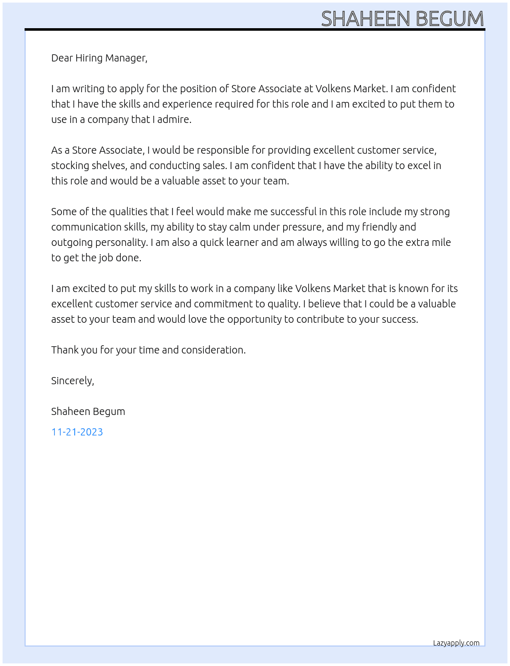 Store Associate At Volkens Market Cover Letter