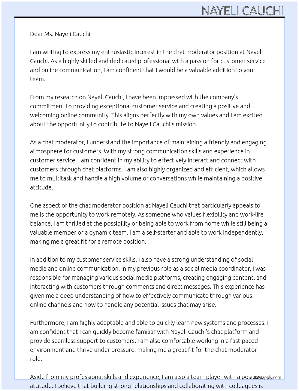 chat moderator At Nayeli Cauchi Cover Letter