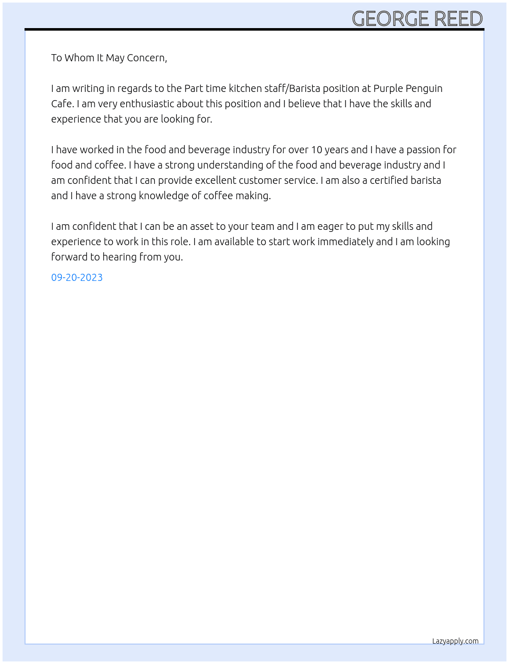 Part time kitchen staff/Barista At Purple Penguin Cafe Cover Letter