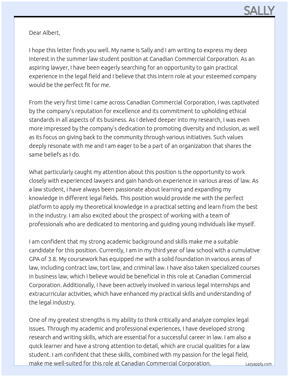 summer law student At Canadian Commercial Corporation Cover Letter
