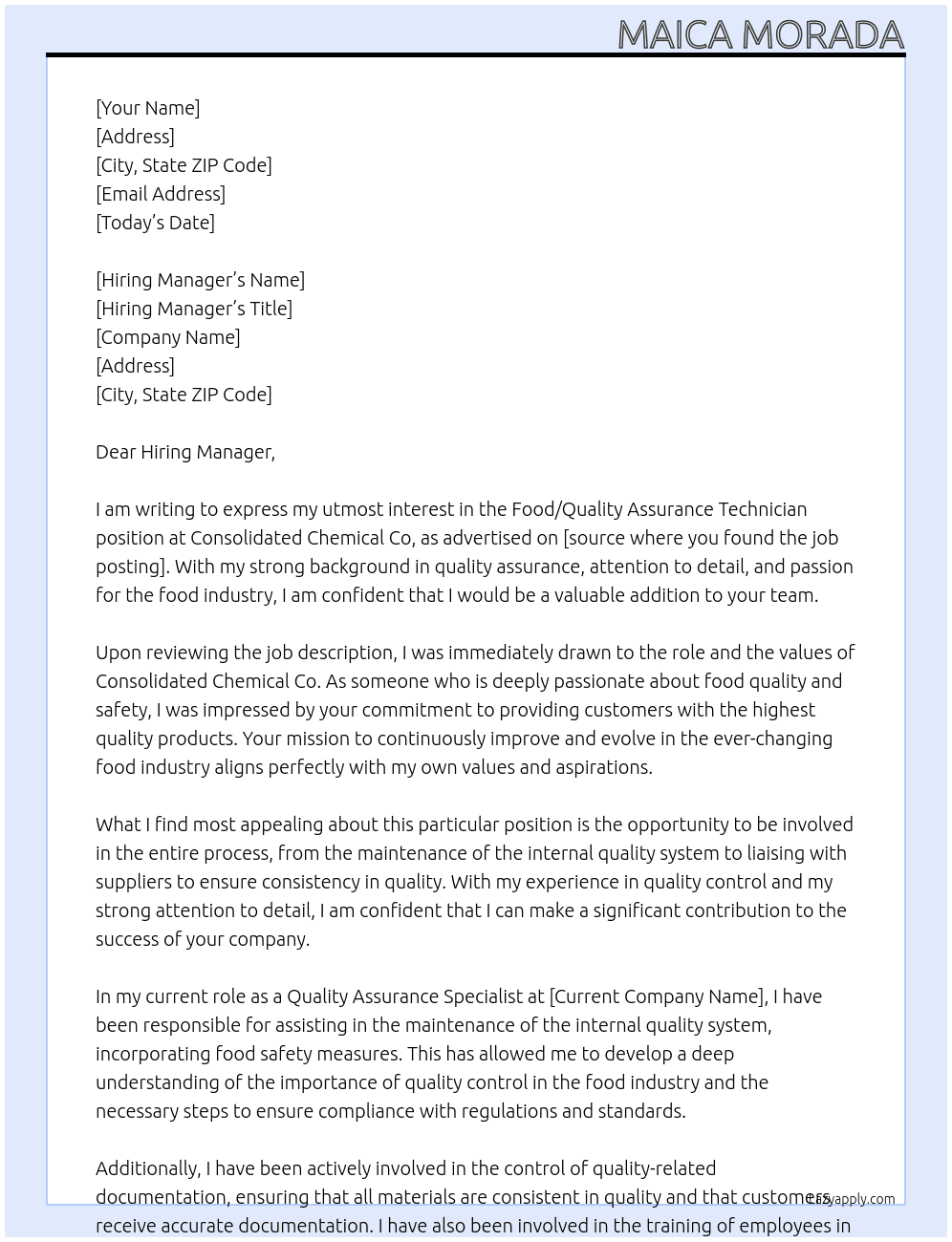 Food/Quality Assurance Technician At Consolidated Chemical Co  Cover Letter