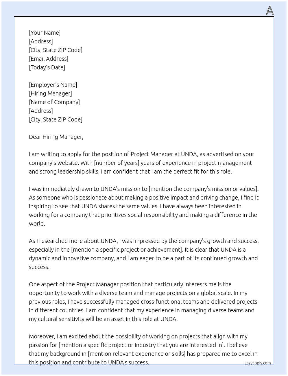 project manager At UNDA Cover Letter