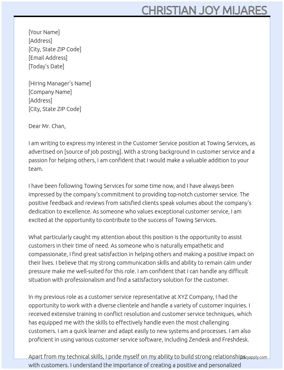 Customer Service  At Towing Services Cover Letter