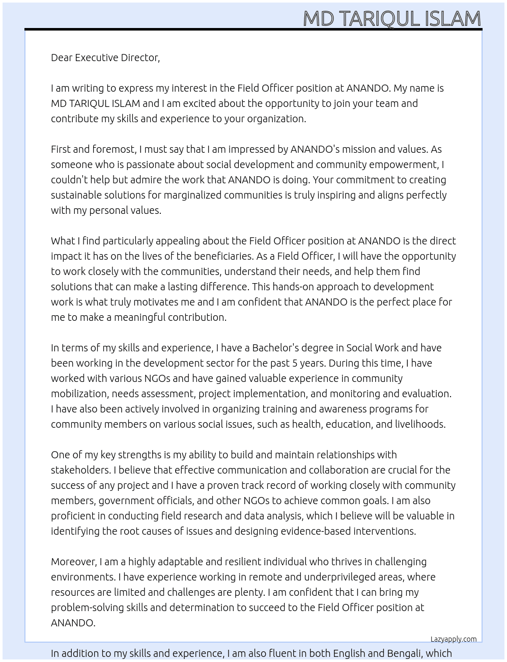 Field Officer At ANANDO Cover Letter