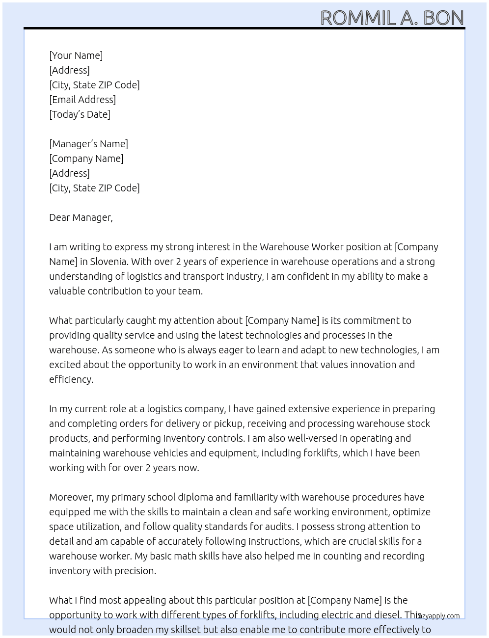 Warehouse worker At Logistic and transport company Cover Letter