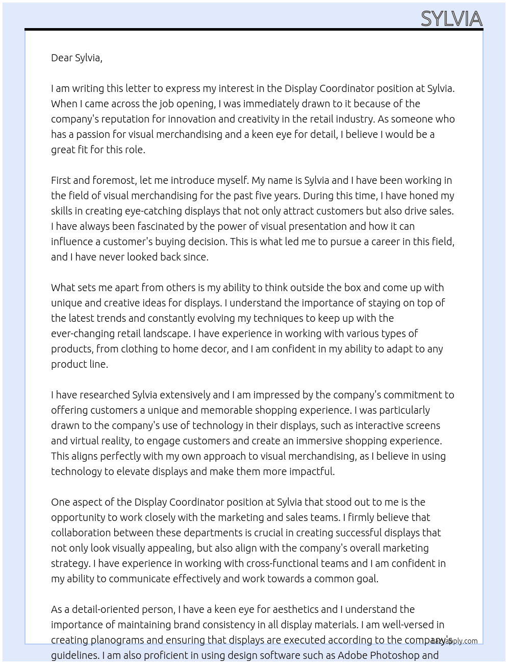 display coordinator At sylvia Cover Letter