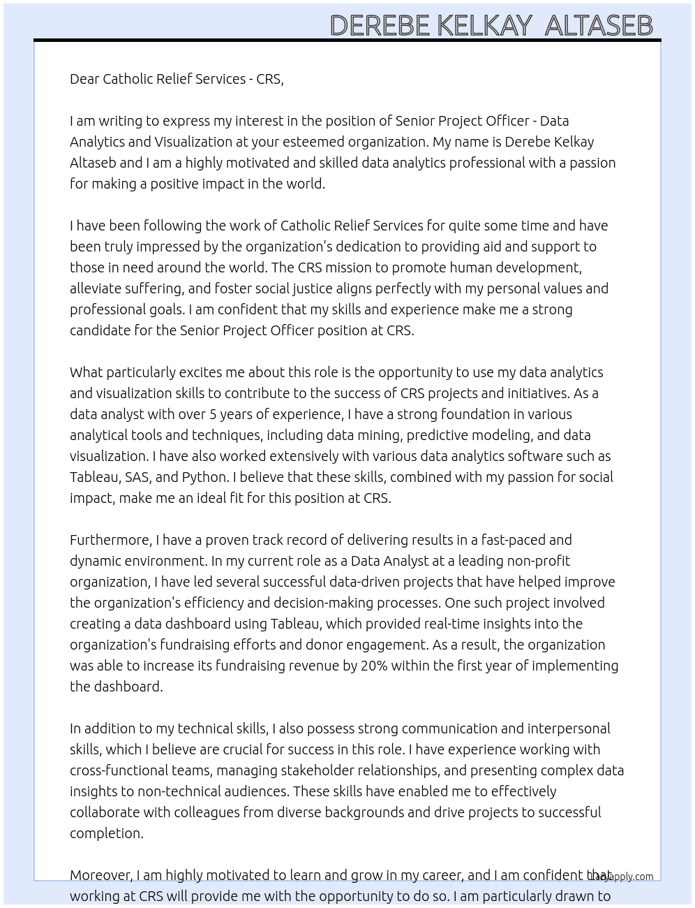 Senior Project Officer - Data Analytics and Visualization  At Catholic Relief Services - CRS Cover Letter