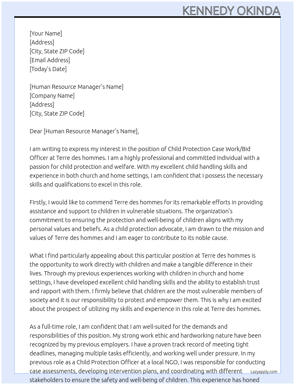 Child protection Case Work/Bid Officer At Terre des hommes Cover Letter