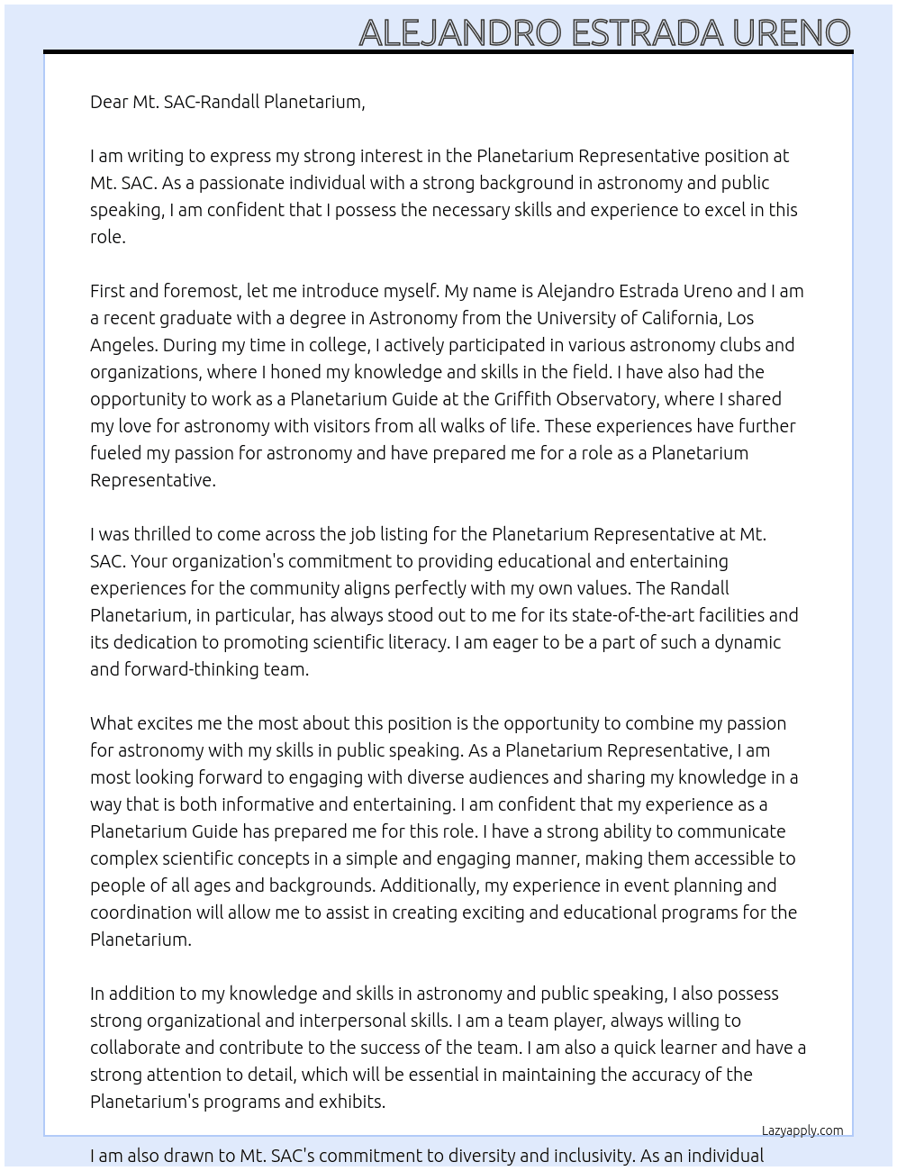 Planetarium Representative At Mt. SAC Cover Letter