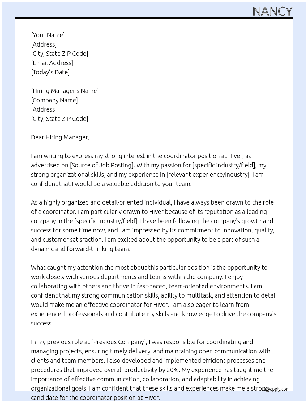 Coordinator At Hiver Cover Letter