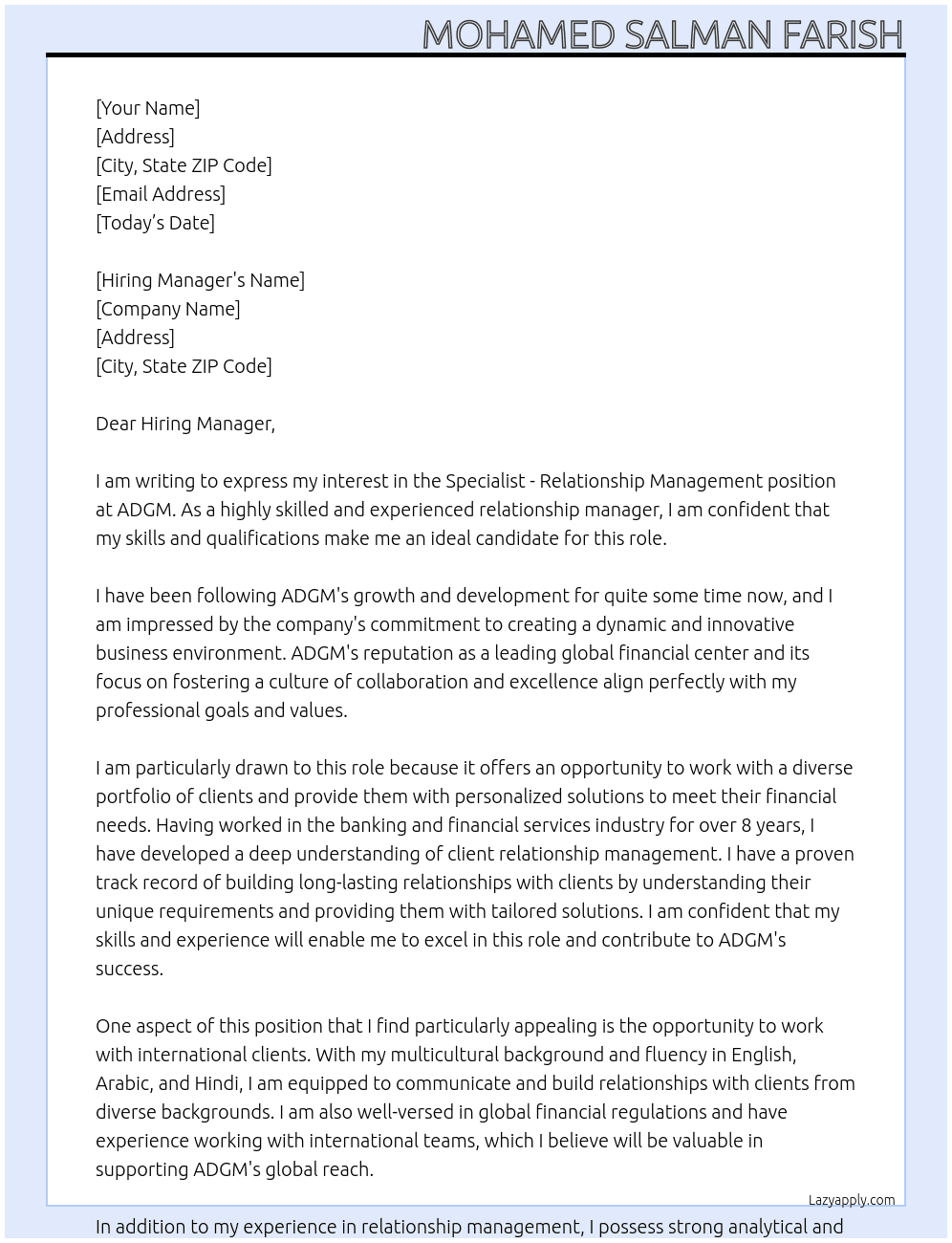 Specialist - Relationship Management At ADGM Cover Letter