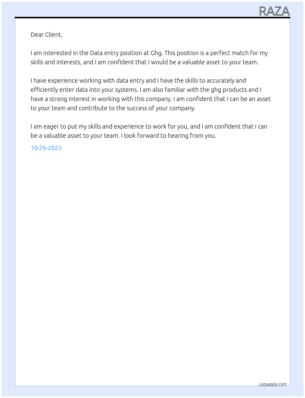 Data entry At Ghg Cover Letter
