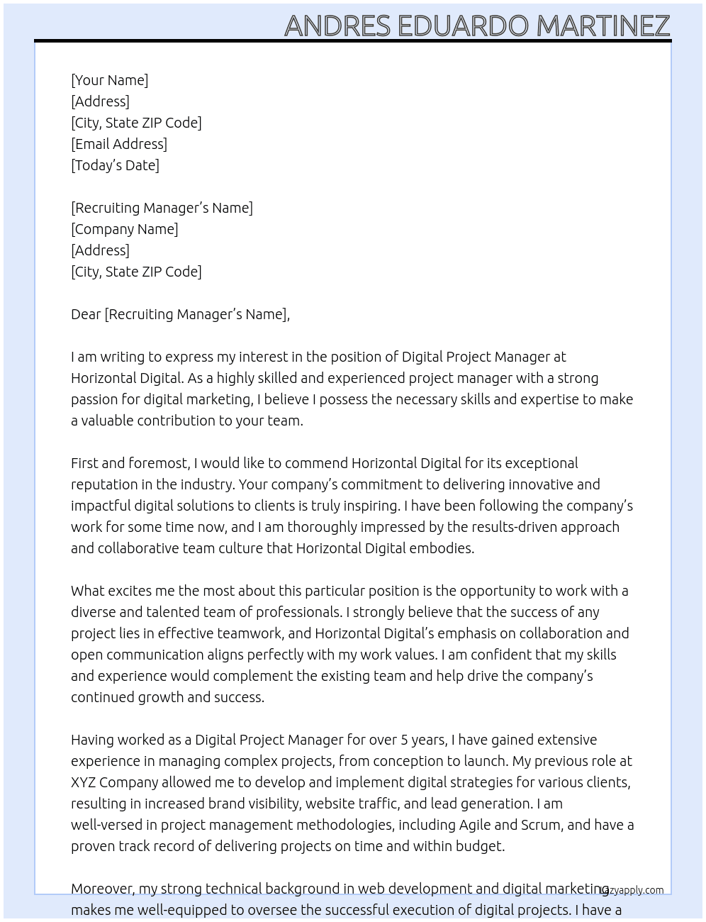 Digital Project Manager At Horizontal Digital Cover Letter