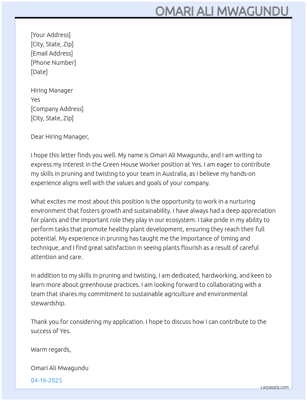 Green House worker  At Yes Cover Letter