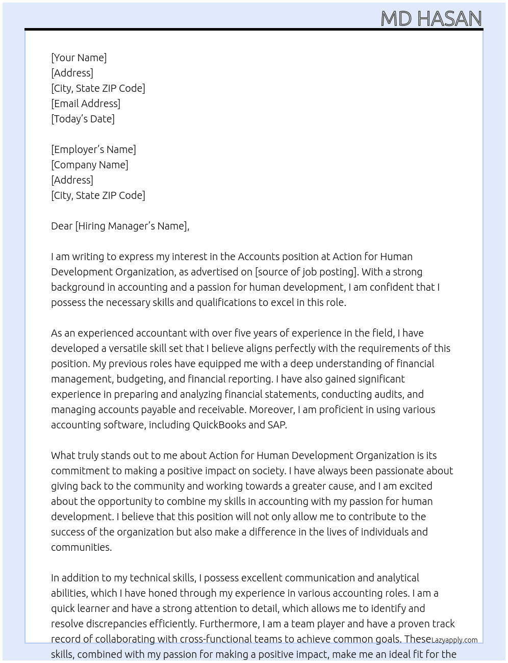 Accounts  At Action for Human Development Organization   Cover Letter