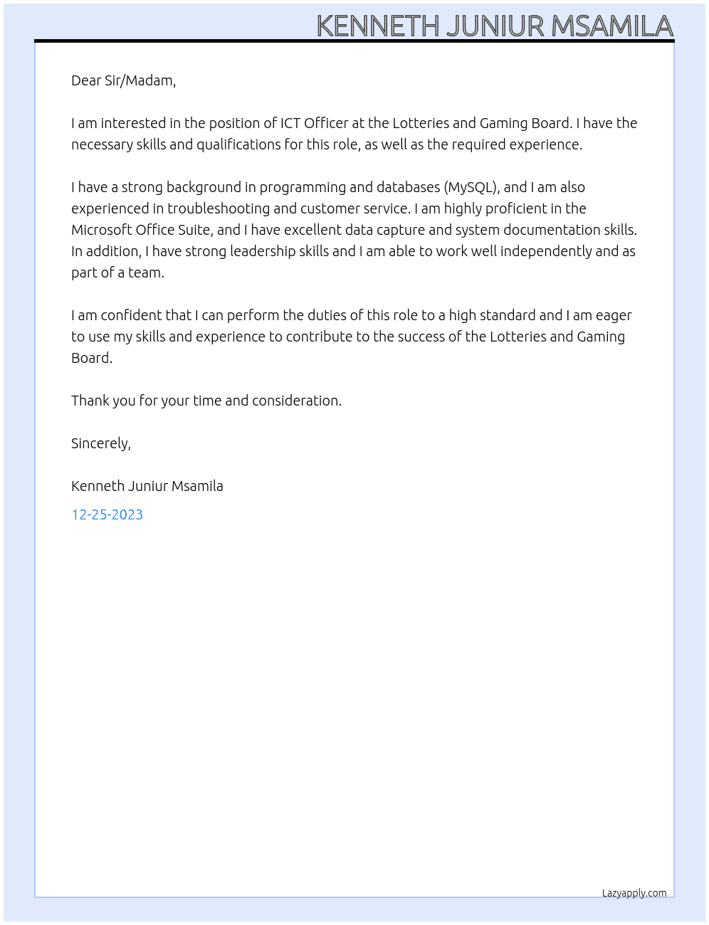 ICT Officer  At Lotteries and Gaming Board Cover Letter
