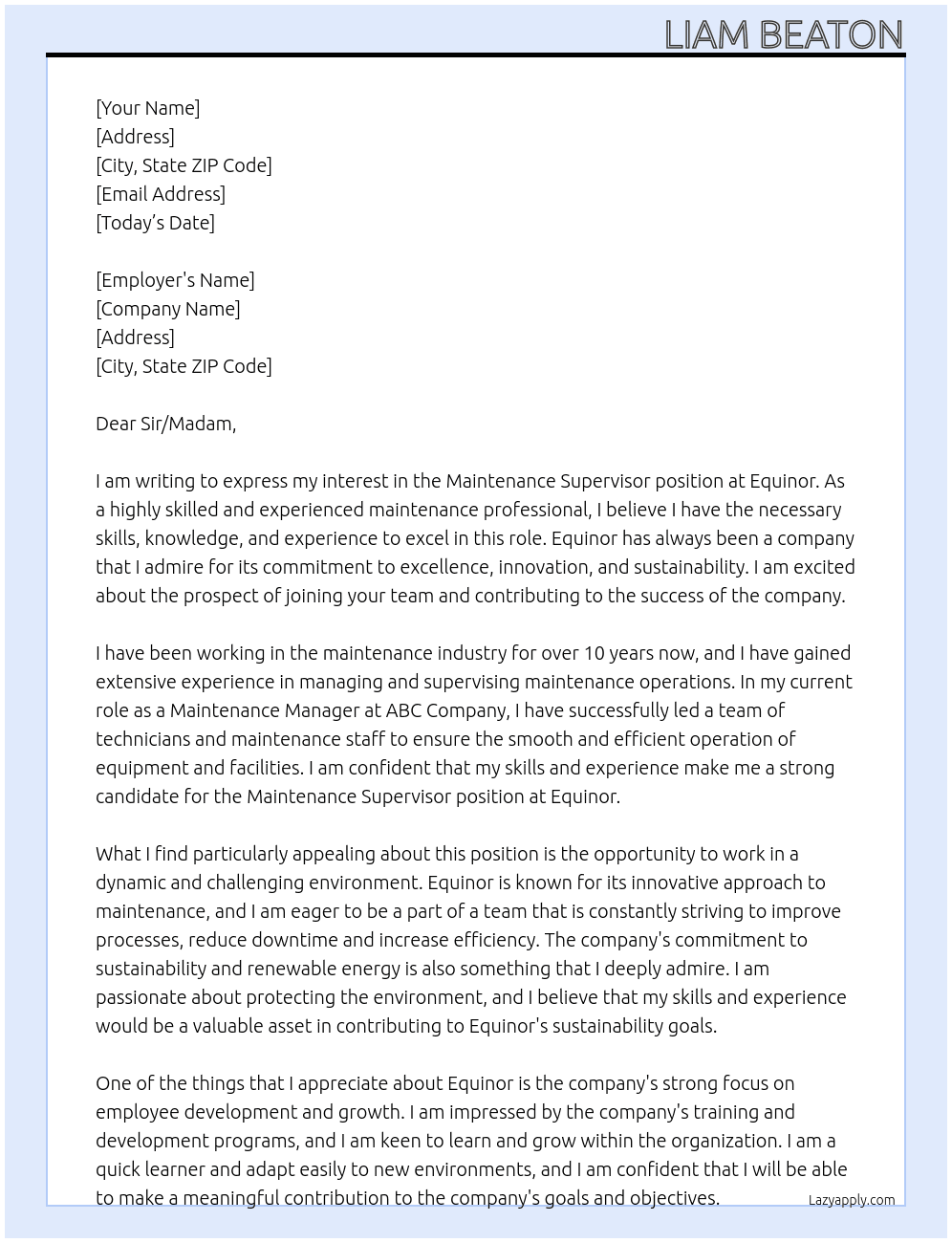 maintenance supervisor At Equinor Cover Letter