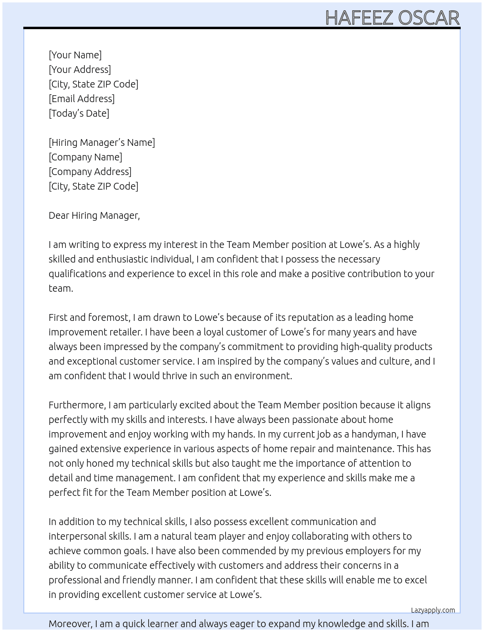 Team Member At lowes Cover Letter