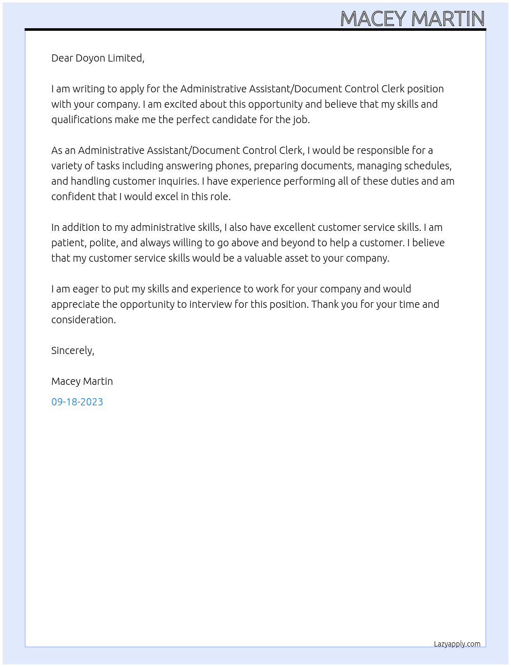 Administrative Assistant/Document Control Clerk At Doyon Limited Cover Letter